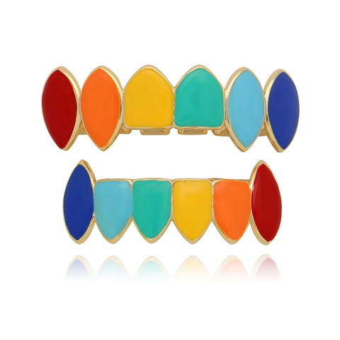 Gioielli Per Denti Arcobaleno Hip Hop Smalto Rame Placcato Oro Forma Di Zanna Per File Superiori E Inferiori Bocca