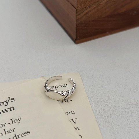 Anello In Argento Sterling 925 Corda Intrecciata Con Faccia Ovale Liscia Regolabile Aperto Gioielli Retro Vintage Per Donna