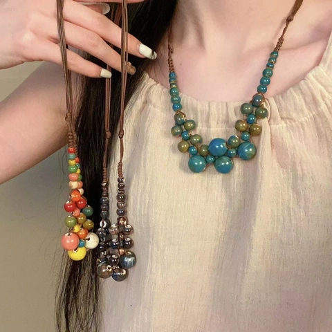 Collar de Cerámica con Cuentas Hecho a Mano de Estilo Étnico Bohemio para Mujer Collar Choker Vintage Geométrico de Cuentas Coloridas Regalo Joyería