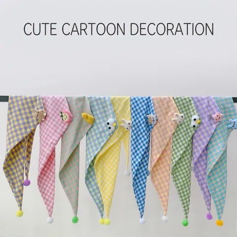 Kids Cotton Linen Triangle Scarf Plaid Pattern Baby Bib With Cute Cartoon Plush Ornament Pom-poms Soft Versatile Neck Warmer