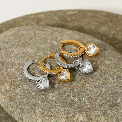 Stainless Steel Heart Pendant Hoop Earrings With Sparkly Zircon Stones Elegant Minimalist Jewelry For Women