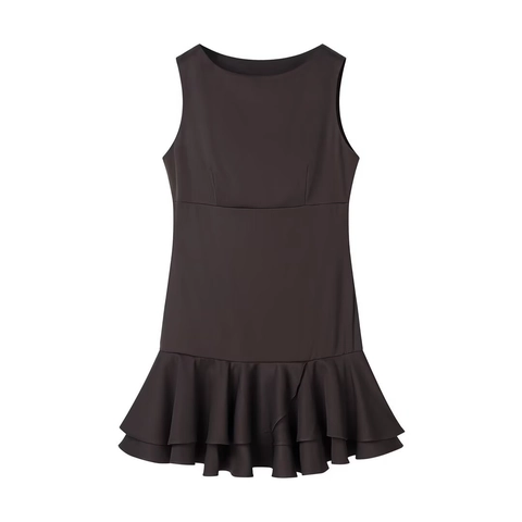 Ärmelloses Minikleid Rundhalsausschnitt Gestufter Volantsaum Gewebtes Polyester Chic Urlaub Kaffeebraun Damen Mode