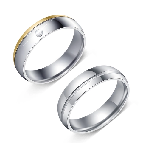 Stainless Steel Couple Ring Two-Tone Gold Silver Band With Cubic Zirconia Minimalist Wedding Engagement Jewelry