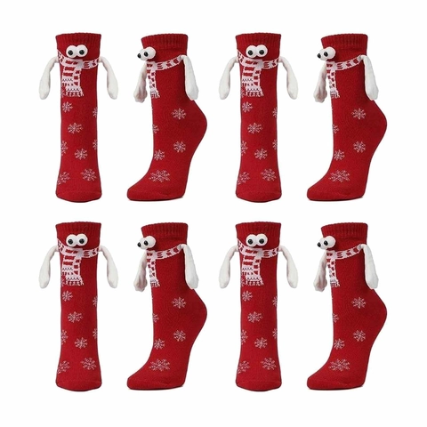 Magnetische Händchenhaltende Weihnachtssocken 3D Augen Arme Schal Schneeflockenmuster Wadenhoch Polyester Baumwolle