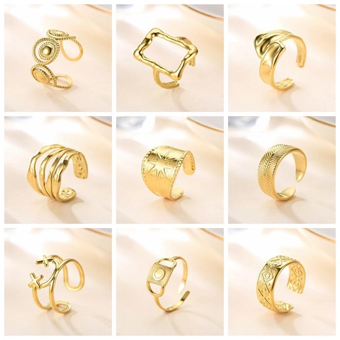 Vintage Gold Plated Metal Open Adjustable Rings Women Geometric Hollow Feather Wave Sunburst Cross Fashion Jewelry Gift