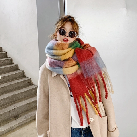 Farbenfroher Karoschal Damen Winter Dick Warm Schal Quaste Regenbogen Mohair Optik Weich Vintage Lang