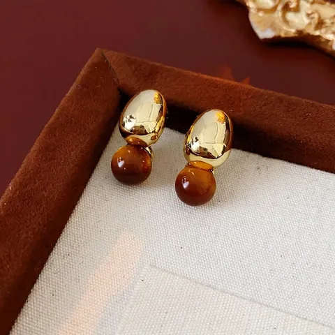Vintage French Retro Stud Earrings With Silver Earring Post Copper Gold Plated Resin Faux Tiger Eye Brown For Women