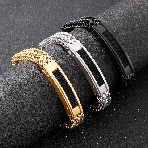 Men Stainless Steel Bracelet Double Row Woven Chain Magnetic Buckle Punk Industrial Biker Jewelry