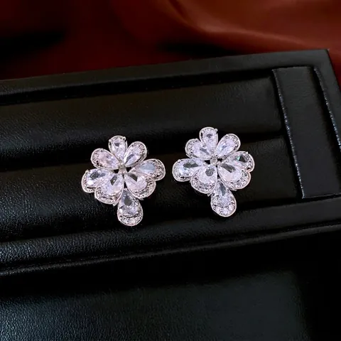 Elegant Flower Stud Earrings Copper Zircon Water Drop Luxury Fashion For Women With 925 Sterling Silver Earring Post