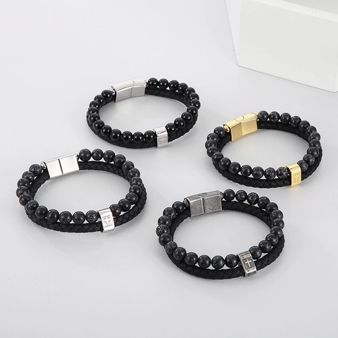 Men Double Layer Bracelet Stainless Steel Lava Stone Turquoise Braided Leather Rope Magnetic Clasp Retro Religious Style