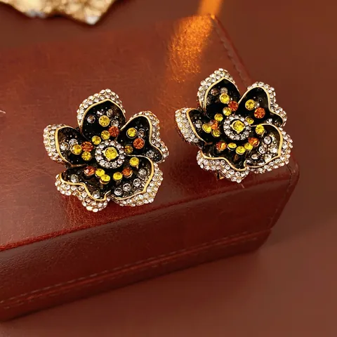 Orecchini A Bottone Fiore Vintage Lega Strass Design Pesante Gioielli Moda Donne Con Perno In Argento