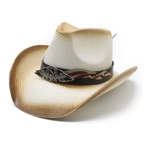 Western Cowboy Straw Hat Retro American Style With USA Metal Emblem Wide Roll Brim Sun Protection Breathable Paper Straw Outdoor Beach Vacation