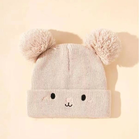 Kids Winter Knitted Beanie Hat Warm Acrylic Double Pom Pom Bear Face Embroidery For Boys Girls