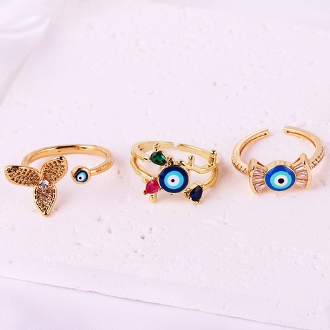 Evil Eye Adjustable Open Ring Copper Gold Plated Cubic Zirconia Butterfly Branch Vintage Jewelry For Women