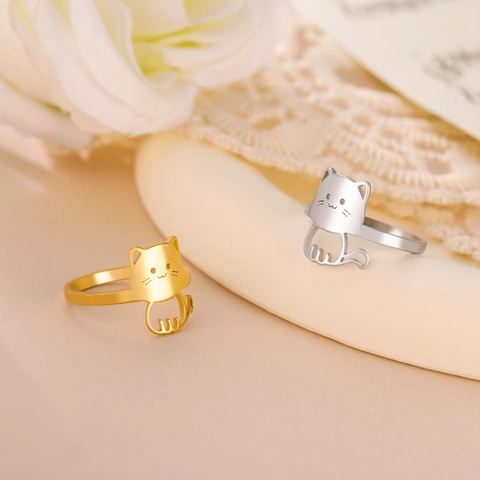 Cute Cat Stainless Steel Ring For Women Men Fashion Animal Shape Open Finger Ring Sweet Steel Gold Color Animal Jewelry Gift