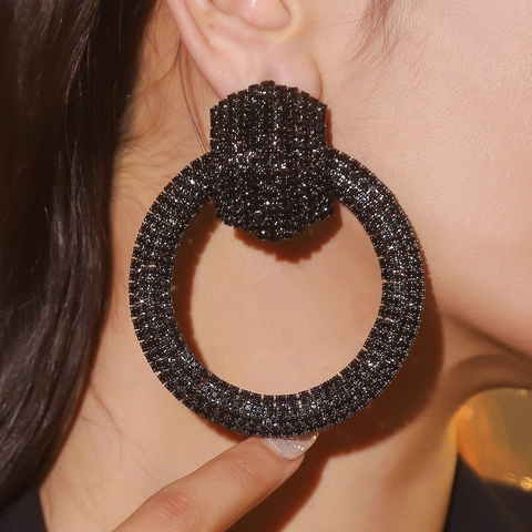 Oversized Rhinestone Statement Earrings Alloy Shiny Crystal Tassel Hoop Jewelry For Women Wedding Party With Earring Post