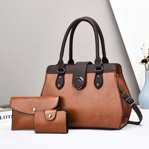 Retro Stone Pattern Color Block Handbag Clutch And Card Holder PU Leather Large Capacity Textured Shoulder Crossbody Tote For Women