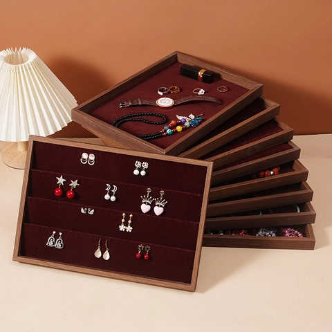 Walnut Wood Grain Jewelry Display Tray With Burgundy Velvet Lining For Rings Necklaces Earrings Storage Organizer