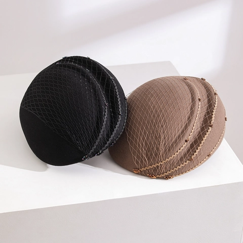 Women Australian Wool Pillbox Hat With Mesh Veil And Beads Retro Fascinator Vintage Style Elegance