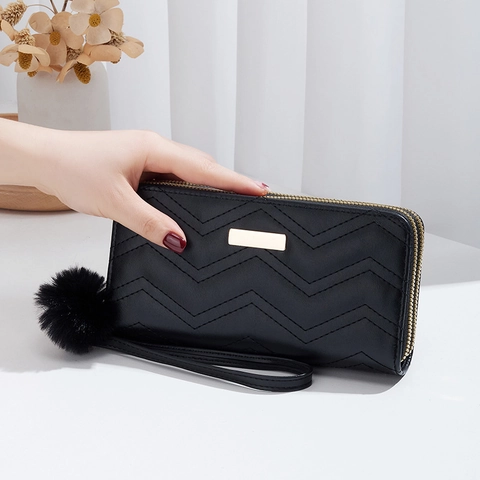 Women Long Wallet PU Leather Chevron Quilted Double Zipper Clutch Purse With Wristlet And Pompom Elegant Style