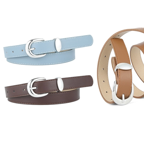 Women Minimalist PU Leather Belt With Silver Alloy Pin Buckle Fashion Versatile Thin Waistband For Jeans Dress Accessory