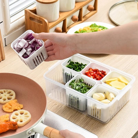 Kitchen Food Storage Container Transparent Fresh Keeping Box With Draining Compartments For Onion Ginger Garlic Spice Home Kitchen