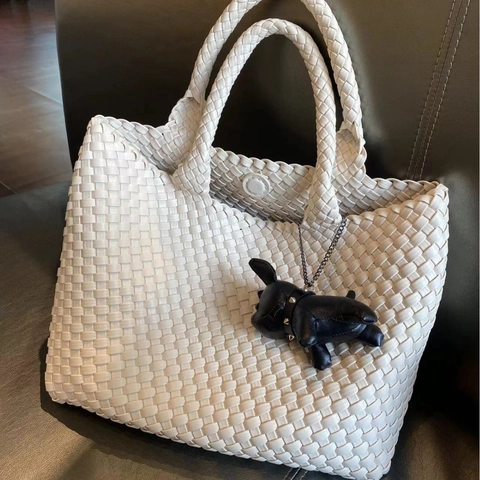 Gewebte PU Leder Tote Tasche Große Kapazität Handtasche Schultertasche Mit Hundeanhänger Vintage Stil Für Damen Alltag