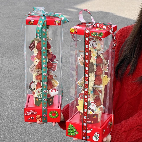 Weihnachts Erdbeerturm Verpackungsbox Transparente Kuchen Dessertbecher Dekorative Topper Bänder Aufkleber Partyzubehör