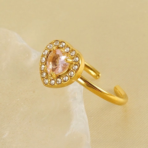 Heart Zircon Ring For Women 18K Gold Plated Stainless Steel Adjustable Open Band Double Layer Halo Fashion Retro Jewelry