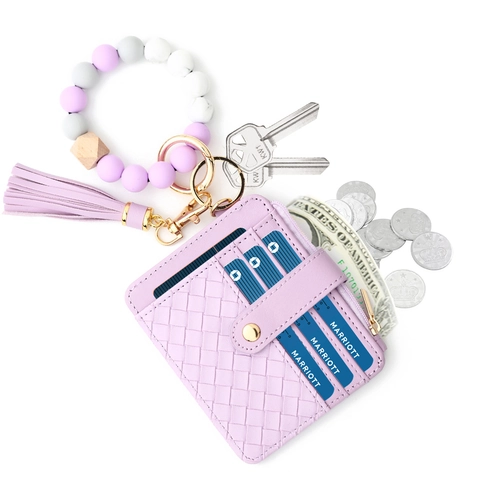 Woven Pattern Card Holder Wallet Silicone Bead Bracelet Keychain PU Leather Zipper Coin Purse Tassel Wristlet Women