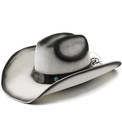Vintage Two Tone Western Cowboy Straw Hat Bull Head Metal Buckle Leather Band Turquoise Rivets Sun Protection For Men Women