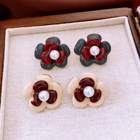 Pendientes De Flores De Esmalte Con Poste De Plata De Ley 925 Camelia De Doble Capa Aleación Perla Artificial Imitación Elegante