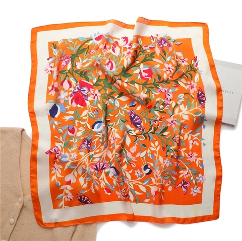 Women Floral Butterfly Print Faux Satin Square Scarf Satin Feel Pastoral Style Elegant Neck Head Wrap Hair Accessory