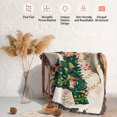 Weihnachts Baumwolldecke Gewebt Jacquard Fransen Sofaüberwurf Picknick Camping Neujahr Rentier Deko