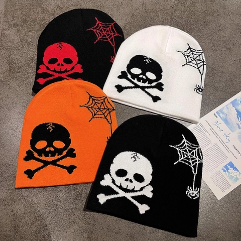 Skull Spiderweb Knitted Beanie Hat Punk Gothic Streetwear Halloween Jacquard Winter Warm Acrylic Cap For Men Women
