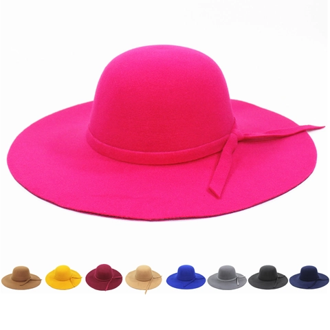 Women Wide Brim Woolen Felt Hat Round Dome Sun Protection Elegant Ribbon Bow Winter Fedora