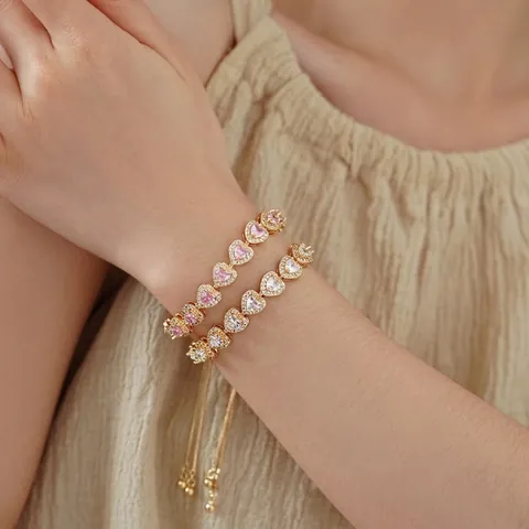 Bracelet Cœur Cuivre Incrusté Zircon Réglable Chaîne À Coulisse Bolo Bijoux Mode Pour Femmes