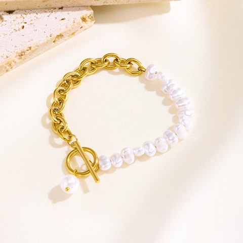 Artificial Baroque Pearl Bracelet For Women Gold Plated Stainless Steel Vintage French Romantic Style Heart Cross Star Charm