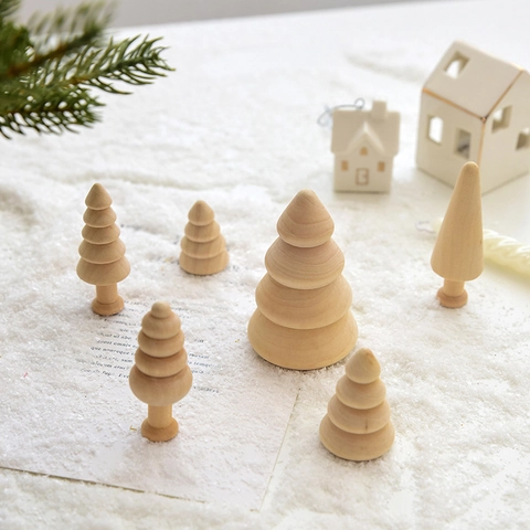 Nordic Minimalist Wooden Mini Christmas Tree Ornaments Vintage Real Wood Stacking Geometric Desktop Decoration Holiday Xmas Gift