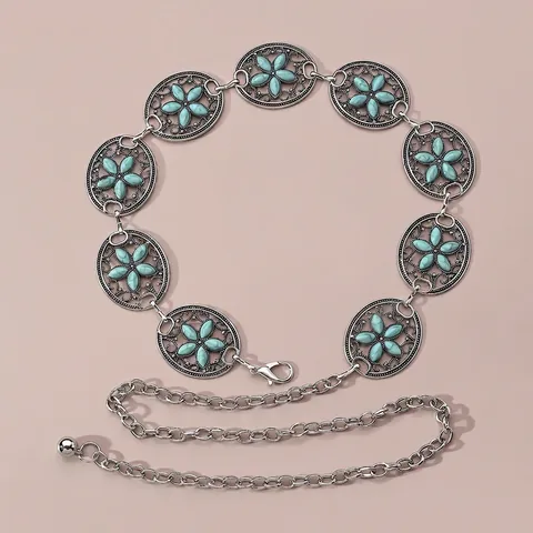 Cintura A Catena In Vita Bohemienne Da Donna Fiore Intagliato Cavo Lega Zinco Turchese Sintetico Vintage Etnico Gioielli Corpo