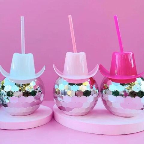 Disco Ball Cup With Cowboy Hat Lid And Straw Plastic Electroplated Reflective Party Drinkware Bachelorette Festival