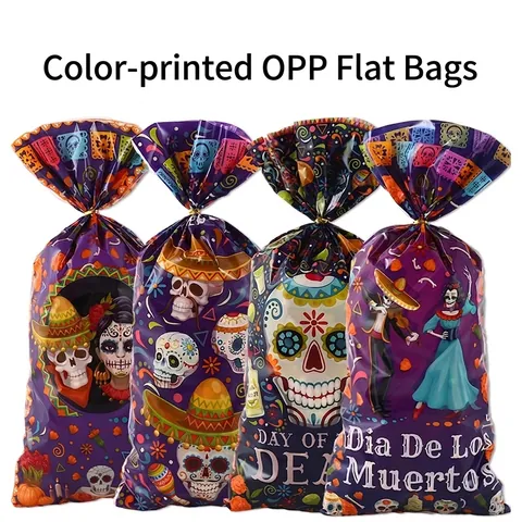 Day Of The Dead Candy Bags Plastic Mexican Skull Gift Packaging Halloween Party Gold Twist Ties Dia De Muertos Theme