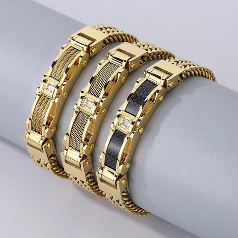 Pulsera Hombre Acero Inoxidable Estilo Industrial Mecánico Hip Hop Cadena Trenzada Circón Fibra De Carbono Joyería Moda