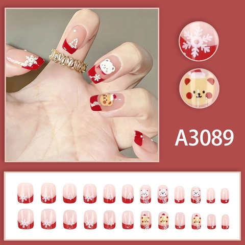 Unghie Finte Natalizie Press On Rosse French Corte Con Design Orso Fiocco Di Neve Plastica ABS Carine Festive Per Donne