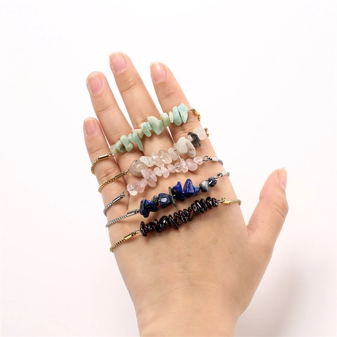 Natural Stone Gravel Adjustable Bracelet Stainless Steel Box Chain Slide Clasp Minimalist Jewelry For Women