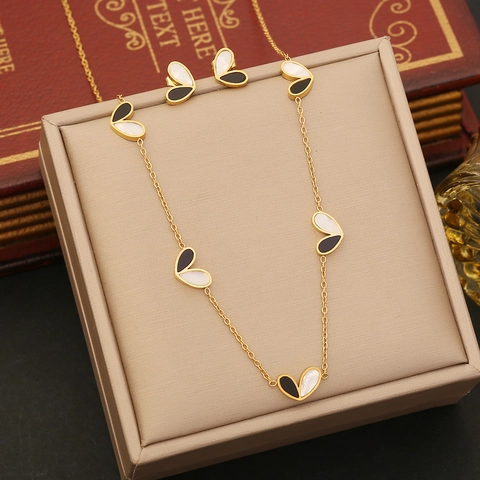 Ensemble Collier et Bracelet en Acier Inoxydable Coeur et Lotus pour Femme Émail Rose Pendentif Imitation Coquillage