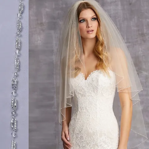 Hochzeitsschleier Doppellagig Elegant Tüll Mit Silbernen Perlen Und Metallkamm Wellenkante Braut Kopfschmuck Accessoires