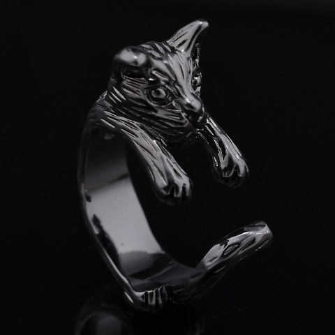Black Stainless Steel Cat Ring For Women Adjustable Open Kitten Animal Finger Jewelry Gothic Punk Style