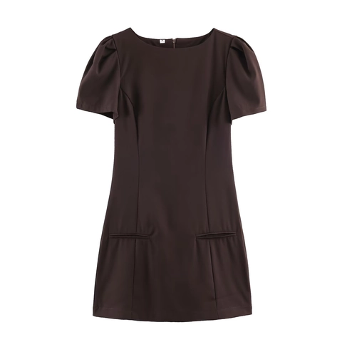 Vestido Mini De Mujer Color Sólido Mangas Abullonadas Elegante Cuello Redondo Plisado Poliéster Elástico
