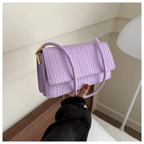 Sac à Épaule en Cuir PU Tissé Minimaliste Pour Femme Mode Couleur Unie Rectangulaire à Rabat Sac Sous le Bras Sac Quotidien